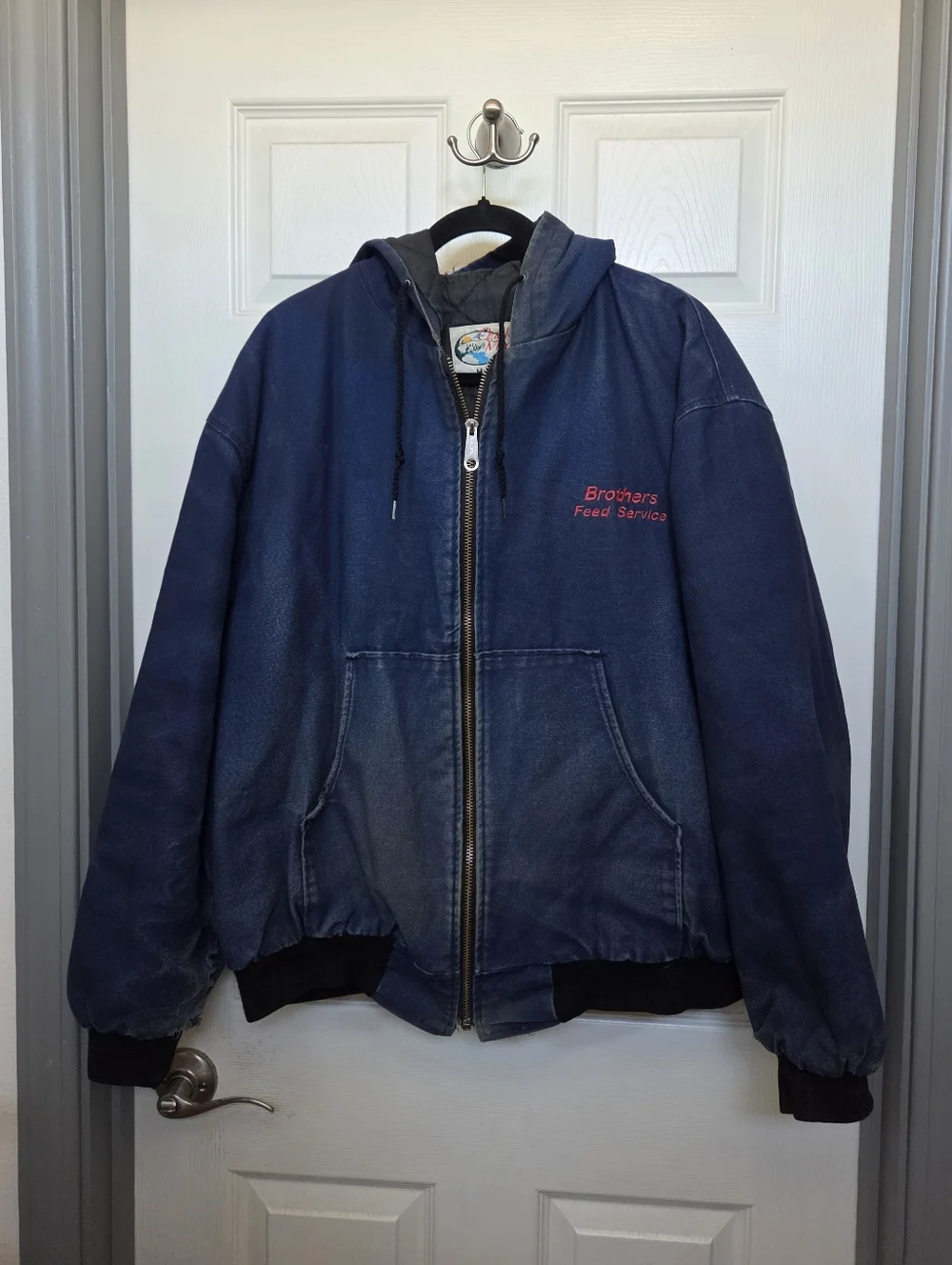 Ozark Mountain Apparel navy blue denim jacket with red embroidery Size XL Grunge